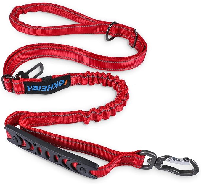 IOKHEIRA Multifunctional Dog Leash for Medium & Large Dogs - Red Adjustable With Car Seatbelt, 4-6 FT Strong Bungee