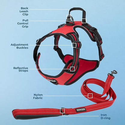 Voyager Dog Harness Dual Leash Attachment No-Pull Control Adjustable Soft but Strong Pet Harness for Medium and Large Dogs with 3M Reflective Technology, Leash Set Red Nylon, XL (Chest: 28-37")