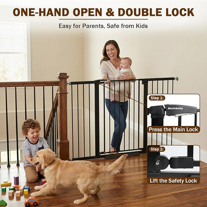Mumeasy 29.7-57" Extra Wide Baby Gate, Auto Close Large Dog Gate for Doorways, No Drilling Pressure Mounted Pet Safety Gate for Stairs, Easy Walk Through Child Gate for Hallways, House, Indoor, Black