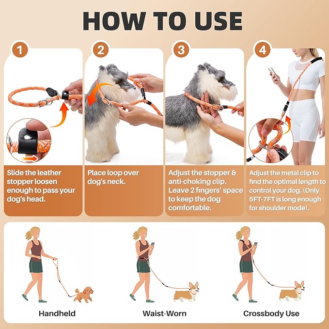 SlowTon Slip Lead Dog Leash, Adjustable 5-7 FT, 1/2” Rope, Heavy Duty Nylon Leashes with Padded Handle & Highly Reflective Threads, No Pull Training Leash for Medium Large Dogs 20-120lb (Orange, L)