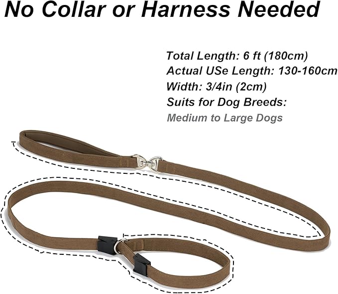 Slip Lead Dog Leash,Soft Corduroy 6 FT Dog Training Leash for Medium Large Dogs,No Pull Slip Leash and Collar with Padded Handle,Brown