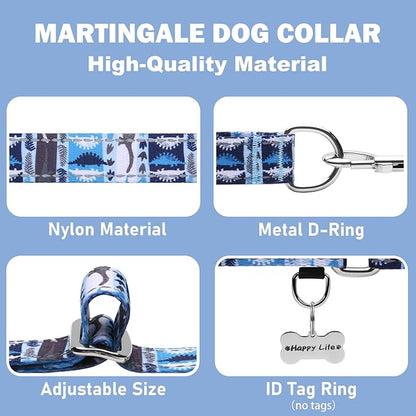 Reflective Martingale Collar for Dogs Nylon Training Collar with No Buckle, No Pull Escape Proof Dog Collar for Medium Dogs（Blue Dinosaur，M）