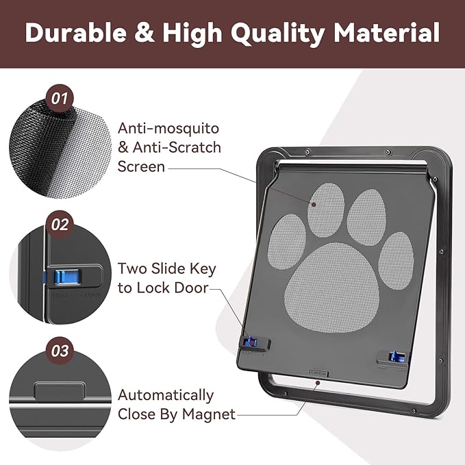 PETLESO Small Dog Door for Screen Door, Cat Door 8"×10" Magnetic Flap Self-Closing, Pet Screen Door for Sliding Door, Puppy Doggy and Cat Door Built in Screen, Lockable, Black S