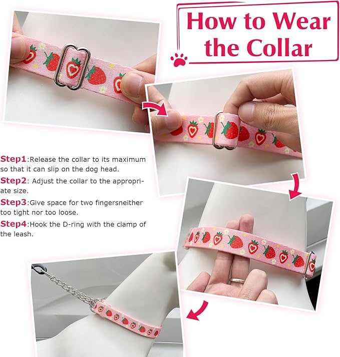 Pink Strawberry Martingale Dog Collar with Chain - No-Pull Training Collar Soft & Durable Design for Medium, Large & XL Dogs (Medium, Strawberry)