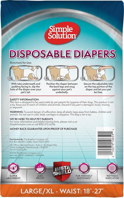 Simple Solution Disposable Female Dog Diapers, Absorbent Leak Proof Protection for Incontinence, Puppy Training, Heat Cycle, Travel, and Housebreaking, Large/XL Dogs, 18–27 Inch Waist, 12 Count