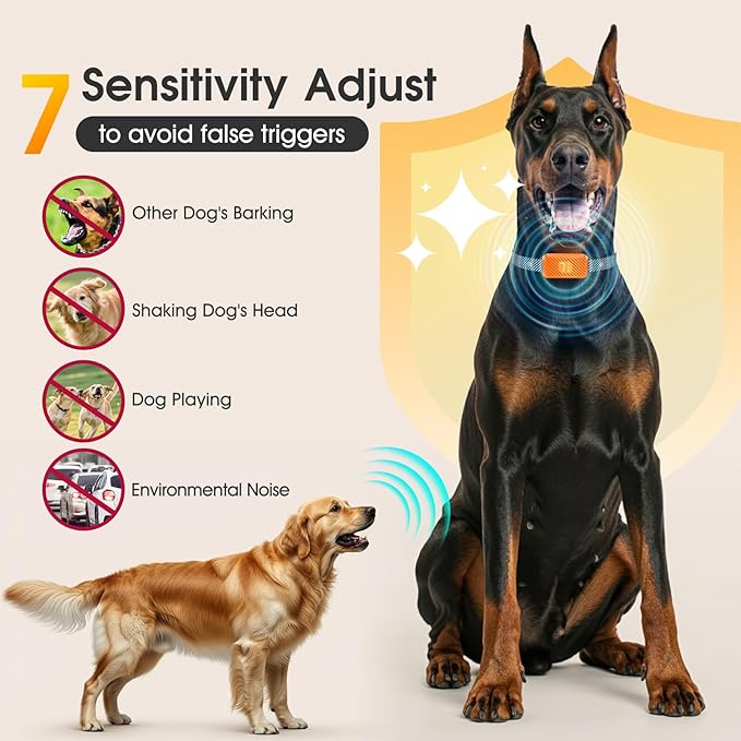 Dog Bark Collar for Large Medium Small Dogs, Effective No-Bark Collar, Smart Barking Collar, Rechargeable Bark Collar with 7 Sensitivity, 3 Modes, Waterproof, Orange