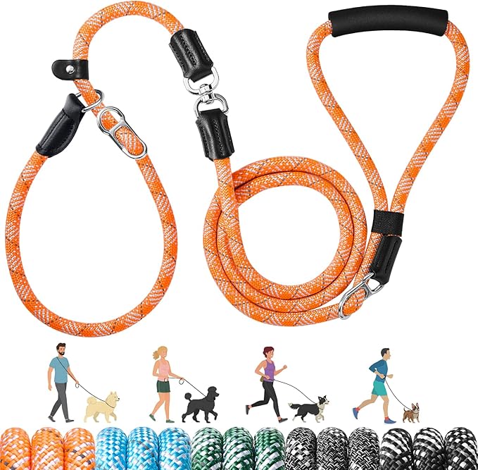 SlowTon Slip Lead Dog Leash, Adjustable 5-7 FT, 1/2” Rope, Heavy Duty Nylon Leashes with Padded Handle & Highly Reflective Threads, No Pull Training Leash for Medium Large Dogs 20-120lb (Orange, L)