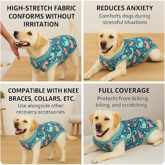 PetWarm Dog Surgery Shirts, Pet Coat's Inner Clothes, Substitute E-Collar and Cone, Dog Surgery Recovery Suit, Female Male Onesie for Dogs Spay Neuter, Dinosaur Pattern, Multi-Colored, XL