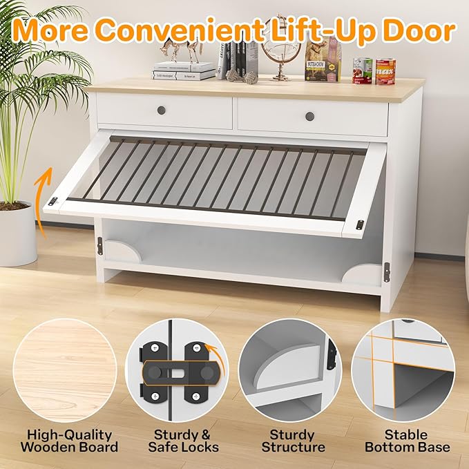 40" Dog Crate Furniture with 2 Large Storage Drawers, Wooden Dog Kennel End Table for Medium & Small Dogs, Decorative Indoor Pet Crate Sideboard with Heavy Duty Metal Bars & Secure Lock, White
