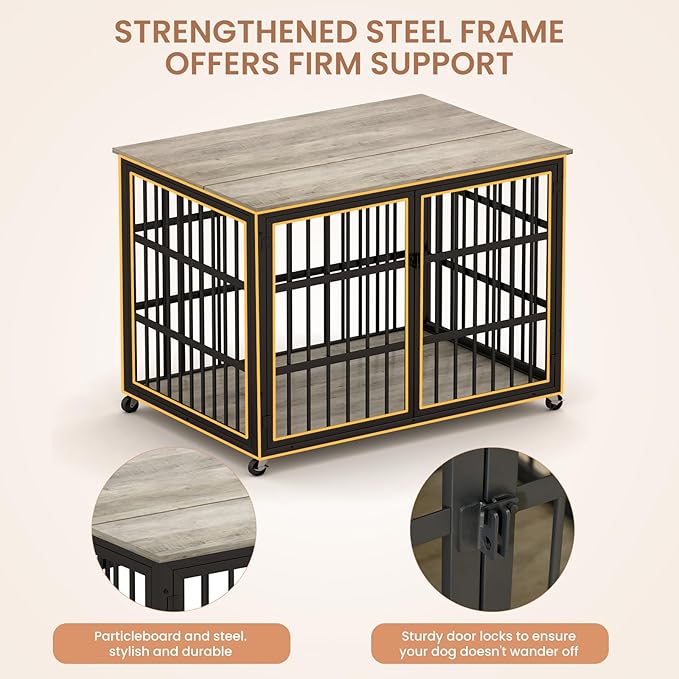 Aoowow Dog Crate Furniture for Small Medium Dogs, 43.3" Dog Kennel Indoor End Table with Side Doors, Iron Heavy Duty Dog Cage with Wheels, Grey