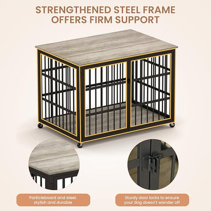 Aoowow Dog Crate Furniture for Small Medium Dogs, 43.3" Dog Kennel Indoor End Table with Side Doors, Iron Heavy Duty Dog Cage with Wheels, Grey