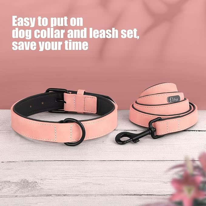 Didog Soft Padded Leather Dog Collar and Leash Set,Adjustable Dog Lead and Collar Set with Metal Buckle, Breathable Pink Pet Collars with 4FT PU Leather Leash for Medium Large Dogs, Pink, L