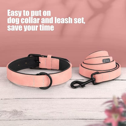 Didog Soft Padded Leather Dog Collar and Leash Set, Adjustable Dog Lead and Collar Set with Metal Buckle, Breathable Pet Collars with 4FT PU Leather Leash for Small Medium Dogs, Pink, M