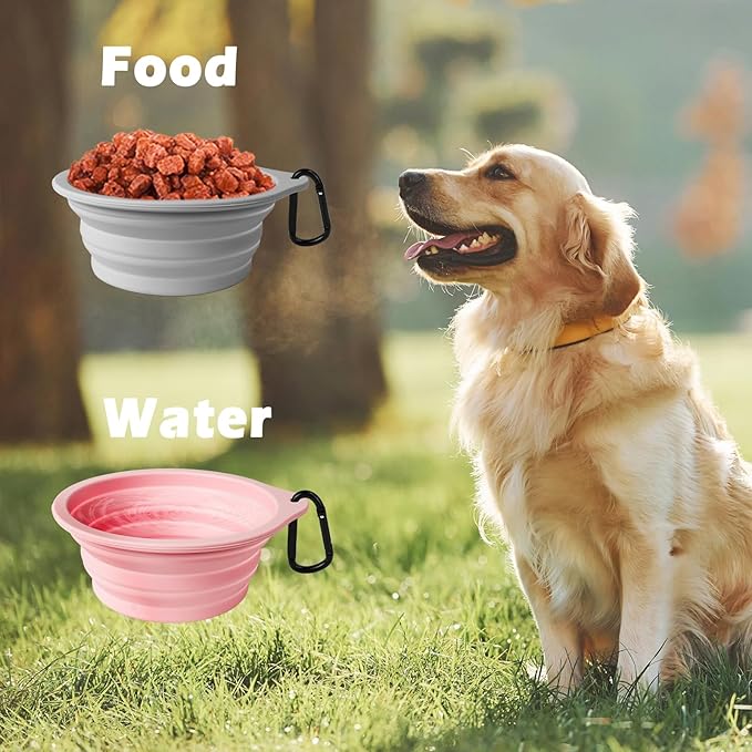 PetBonus 2-Pack Silicone Collapsible Dog Bowls, BPA Free Dishwasher Safe, Portable Foldable Expandable Travel Bowl, Food Water Feeding Cup Dish for Dogs Cats with 2 Carabiners （Grey, Chalk Pink）