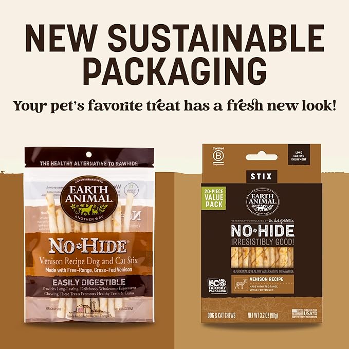 Earth Animal No Hide Stix - Long Lasting Rawhide Free Small Dog Chews Sticks, Venison - 10 Count