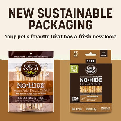 Earth Animal No Hide Stix - Long Lasting Rawhide Free Small Dog Chews Sticks, Venison - 80 Count Extra Value Pack
