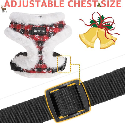 SCENEREAL Dog Christmas Harness Collar and Leash Set, Warm Fleece No Pull Puppy Vest Harnesses No Chock Adjustable Small Pet Halter for Outdoor Walking Training, Black Red Plaid XS