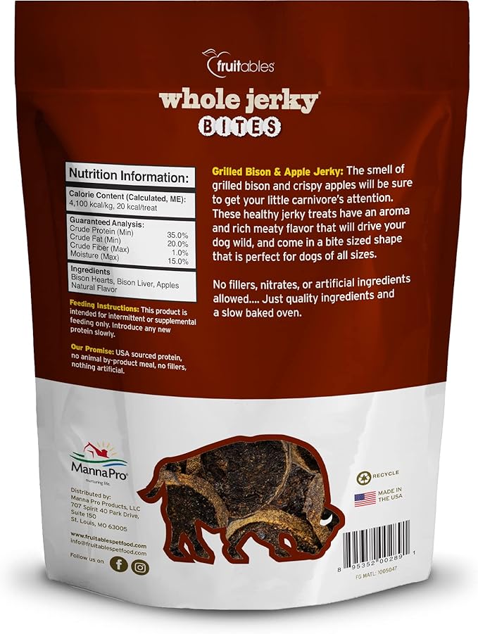 Fruitables Whole Jerky Bites, Healthy Dog Treats, Puppy Essentials, Jerky Dog Treats, Made in the USA, No Artificial Ingredients, Grilled Bison & Apple Flavor, 5oz