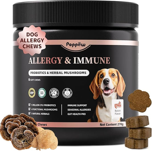 Turkey Tail Mushroom for Dogs,Dog Allergy Chews, Probiotics for Dog Allergy Relief - Itchy Skin- Allergy Paw Relief - Seasonal Allergies & Immune Gut Health & Joint, Bacon Flavor - 90 Count