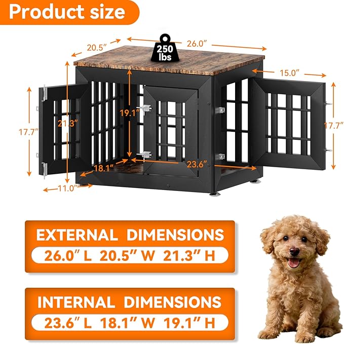 Snuowu 26" Heavy Duty Dog Crate Furniture for Small,Medium and Large Dogs,Rustic Wooden Dog Cage Kennel Indoor Furniture with Waterproof Top,Decorative Pet House Side End Table (Black & Wood)