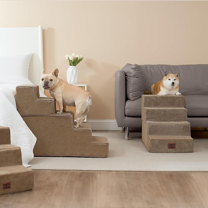 EHEYCIGA Dog Stairs for High Bed 22.5" H, 5-Step Dog Steps for Bed, Pet Steps for Small Dogs and Cats, Non-Slip Balanced Pet Ramp Indoor, Camel
