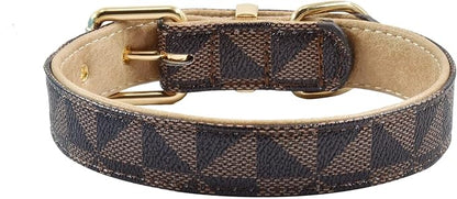 Leather Dog Collar and Leash Set, Check Pattern Dog Collar Leashes Metal Buckle Adjustable Durable for Small Medium Large Dogs (Brown, M(11.8-15IN))