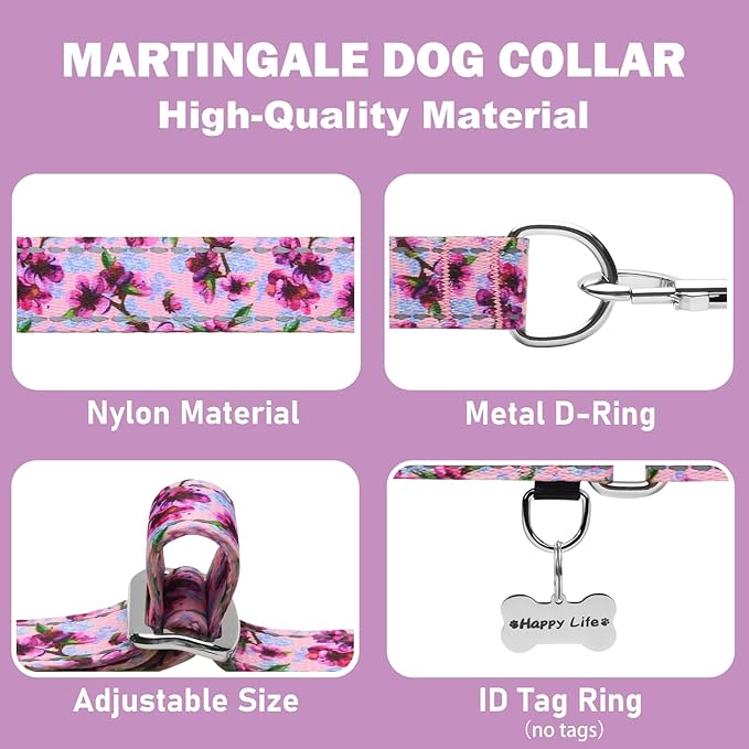 Reflective Martingale Collar for Dogs Nylon Training Collar with No Buckle Cute Floral No Pull Dog Collar for Small Dogs（Purple Flower，S）