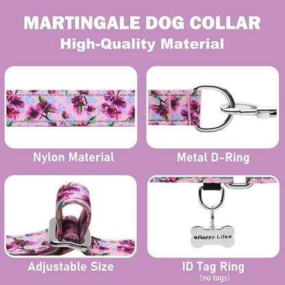 Reflective Martingale Collar for Dogs Nylon Training Collar with No Buckle Cute Floral No Pull Dog Collar for Small Dogs（Purple Flower，S）