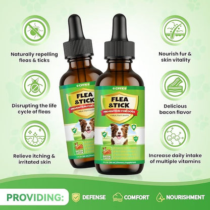 Flea and Tick Prevention for Dogs, 60 ML (2 FL OZ) 2 Pack Natural Oral Flea and Tick Drops for Dogs Containing Multivitamin All Breeds and Sizes Fleas Control for Dog Bacon Flavor
