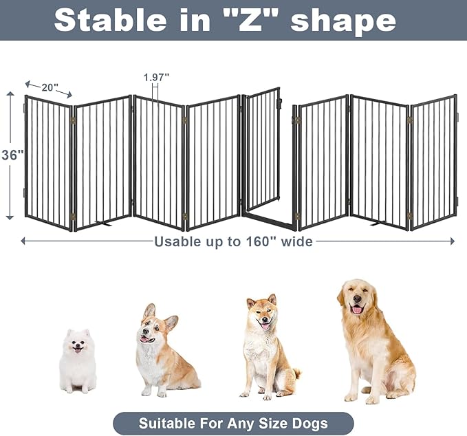 Metal Freestanding Dog Gates with Door for Outdoor Indoor,160'' Extra Wide 36'' Tall Free Standing Dog Gate for Doorways,Large Openings,Deck,Yard,Porch,Foldable Pet Fence(Black,8 Panels)