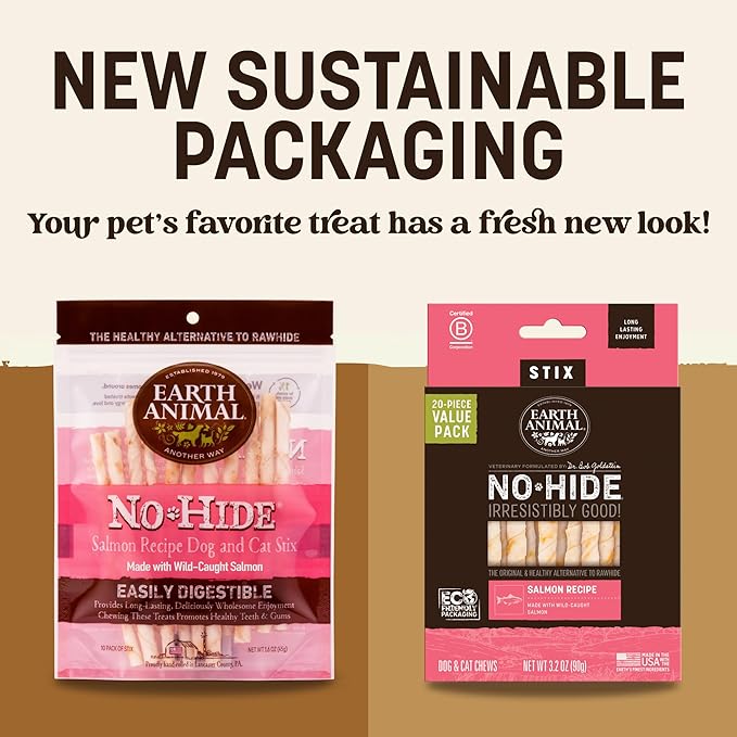 Earth Animal No Hide Stix - Long Lasting Rawhide Free Small Dog Chews Sticks, Salmon - 40 Count Extra Value Pack
