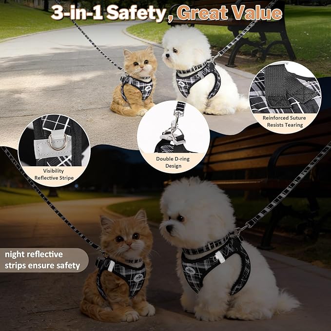 Gyuzh Small Cat Harness and Leash Set for Kitten & Puppy - 3-in-1 No Pull Step in Vest Collar, Lightweight Tactical Reflective Plaid, Padded Handle (Black, XS)