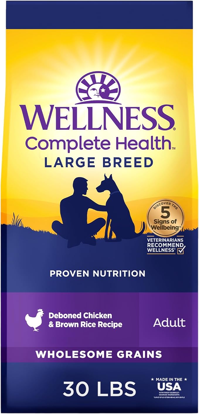 Wellness Complete Health Large Breed Adult Dry Dog Food, Wholesome Grain Kibble, Natural, Chicken and Brown Rice Recipe, 30 lb Bag