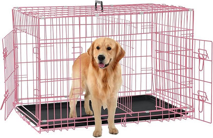 Dog Crate for Large Medium Small Dogs, Folding Dog Kennel Cage with Plastic Tray & Divider 48"/42"/ 36"/ 30"/ 24" Indoor Outdoor Metal Double Door Heavy Duty Dog Pen Enclosure, Pink(48 Inch)