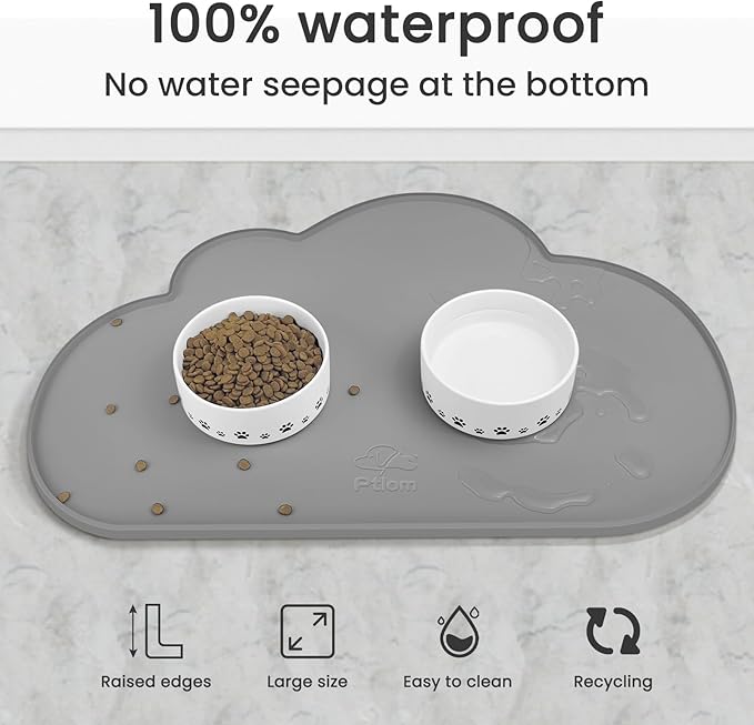 Ptlom Pet Placemat for Dogs and Cats, Non-Slip Waterproof Dog Feeding Mats Prevent Food and Water Overflow, Puppy Bowl Mat Suitable for Small, Medium and Large Pets, Silicone, Grey