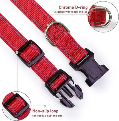 Reflective Dog Collar with Buckle Adjustable Safety Nylon Collars for Small Medium Large Dogs, Red L