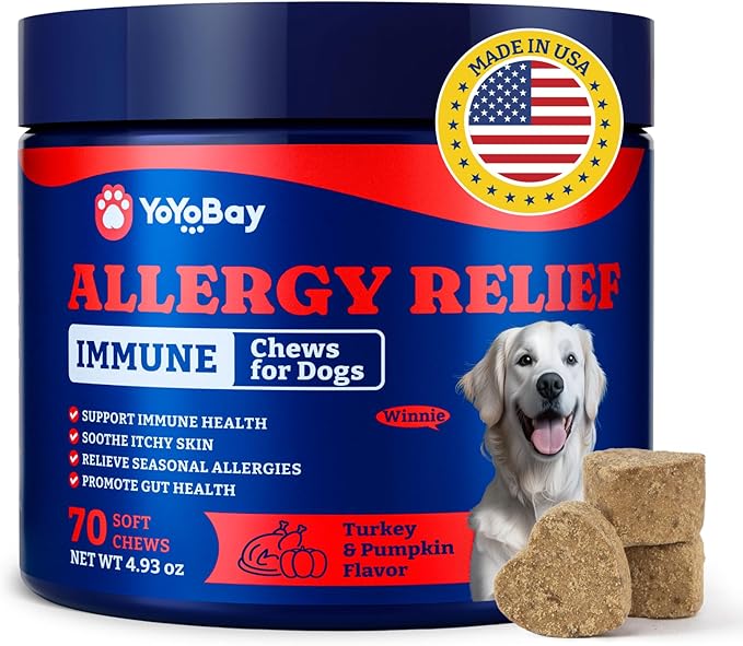 Dog Allergy Relief Chews – 70 Soft Chews, Turkey & Pumpkin Flavor - Immune Support & Itch Relief with Colostrum, Astragalus Root, 6-Strain Gut Health Blend