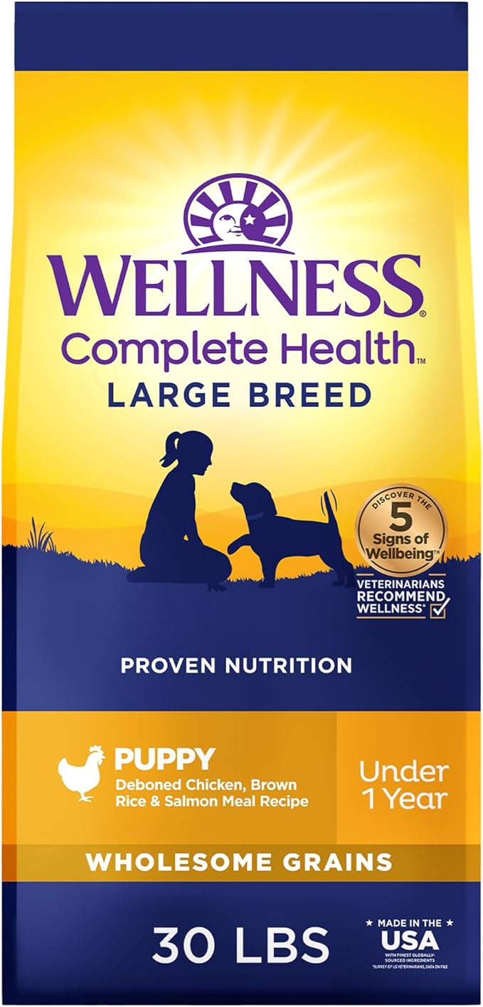 Wellness Complete Health Large Breed Adult Dry Dog Food, Wholesome Grain Kibble, Natural, Chicken, Oatmeal, and Salmon Recipe, 30 lb Bag
