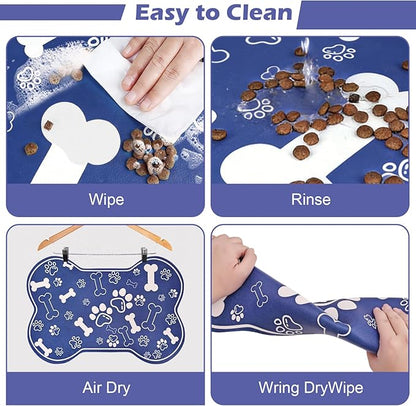 Dog Cat Mat for Food and Water,Rapid Absorbent Pet Feeding Mat, Bone Shaped Dog Placemat Bowl Mat with Rubber Backing,No Stains Pet Food Mats Indoor, Pet Accessories Supplies,Blue 16"×24"
