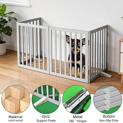 ZJSF Freestanding Indoor Dog Gate for House Foldable Wood Puppy Gate for Doorways Pet Gate for Stairs Extra Wide Pet Fence, Grey, 24" Height 4 Panels