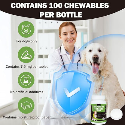 lvermect Tablets for Dogs, 99% Purity for Gut Health Detox, Promotes Immune & Digestive Support - 7.5mg(100 Tablets)
