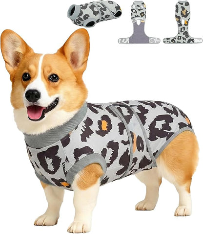 PetWarm Dog Surgery Recovery Suit Male, After Surgery Onesie for Male Female Dogs, Prevents Licking, Cotton Protect Abdominal, Dog Cone E-Collar Alternative, Leopard Pattern, Green Grey, M