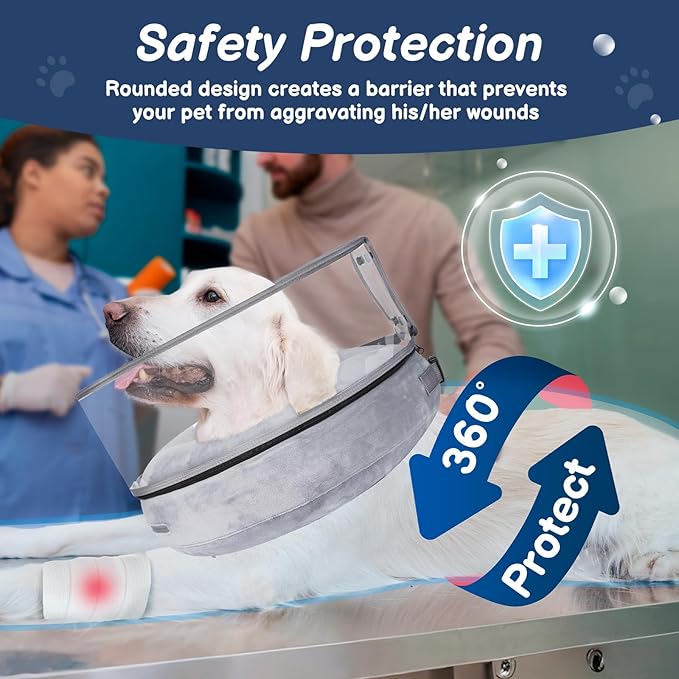 BARKLESS Inflatable Dog Cone, Protective Dog Surgery Collar to Stop Licking Biting Wounds, Patented Soft Donut Cone with Clear Shield, Adjustable Blow-up Collar for Surgery (Grey, M (Neck: 8"-11"))