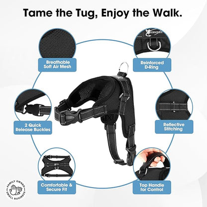 No Pull Reflective Adjustable Dog Harness With Handle- Comfortable Soft All Weather Mesh, Easy On Puppy Harness For Small Medium and Large Dogs (Black) Medium