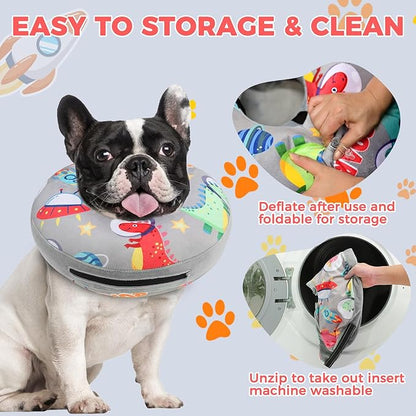 PAWCHIE Inflatable Dog Cone Collar Alternative, Soft Dog Cone for Medium to Large Dogs After Surgery, Adjustable Neck Recovery E-Collars Donut Collar with Cute Dinosaur Prints, Grey M
