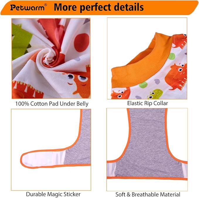 PetWarm Post Surgery Dog Onesie Female, Surgical Recovery Suit for Dogs, Professional Dog Recovery Shirt Abdominal Wounds Bandages Substitute E-Collar and Cone, Dinosaur Pattern, Yellow, M