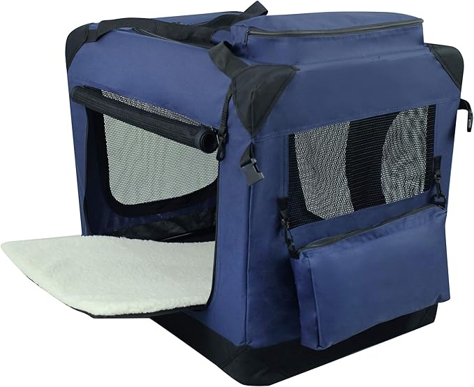 EliteField 3-Door Folding Soft Dog Crate with Carrying Bag and Fleece Bed (2 Year Warranty), Indoor & Outdoor Pet Home (36" L x 24" W x 28" H, Navy Blue)