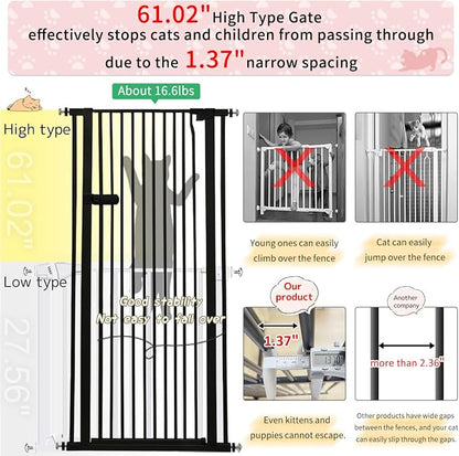 Lumizone Extra Tall Cat Gate 61.02" High Pressure Mounted Extra Wide 2025 New (17 Sizes) 1.37" Gap No Drilling Auto-Close One-Handed Operation Tall Pet Gate for Dogs(Black, 61.02" H x 63.39"-67.71" W)