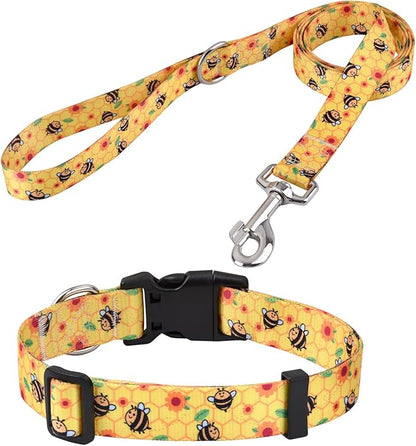 Mihqy Dog Collar and Leash Set with Bohemia Floral Tribal Geometric Patterns - Soft Ethnic Style Collar Adjustable for Small Medium Large Dogs(Bee Set,S)