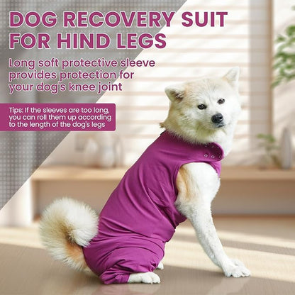 IDOMIK Dog Recovery Suit,Dog Leg Sleeve to Stop Licking Rear Legs,Thigh Wound Protective Sleeve,Male Female Pet Surgical Clothes,Doggy Surgical Suit with Pants Cover,Cone Collar Alternative,Purple,S